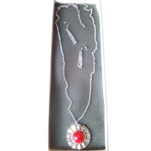 Silver Tone Necklace & Drop Earrings Set with Red Stone Fashion Jewelry gift box